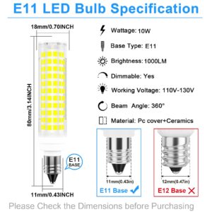 TAIYALOO E11 LED Bulb 100W Halogen Bulbs Equivalent,T4 Mini Candelabra LED Bulb Dimmable,Daylight White 6000K,10W 1000LM JDE11 120V 100W LED for Ceiling Fans,Chandeliers,Cabinet Lighting,4 Pack