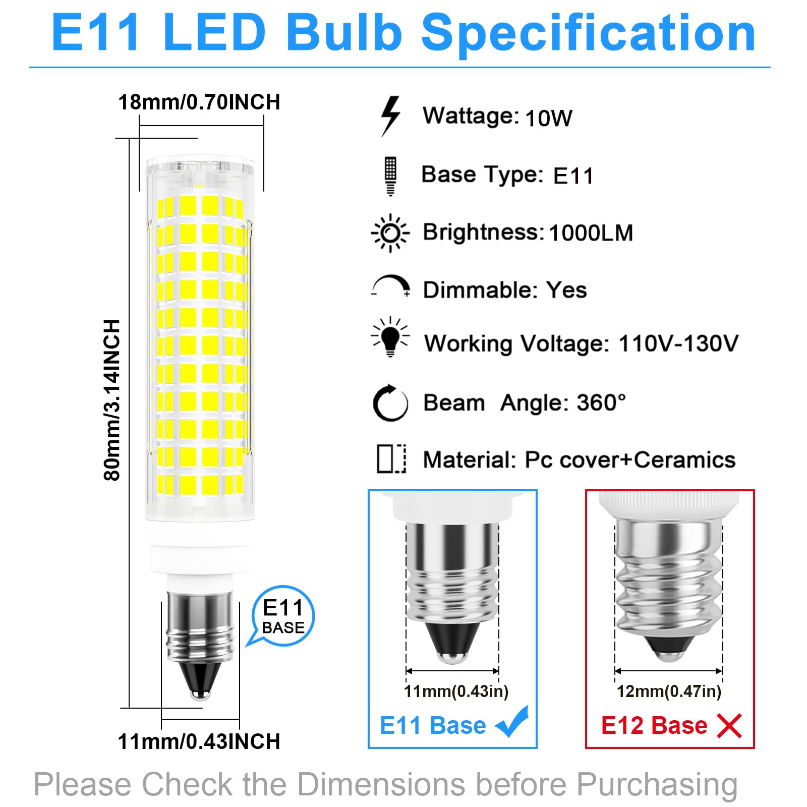 TAIYALOO E11 LED Bulb 100W Halogen Bulbs Equivalent,T4 Mini Candelabra LED Bulb Dimmable,Daylight White 6000K,10W 1000LM JDE11 120V 100W LED for Ceiling Fans,Chandeliers,Cabinet Lighting,4 Pack