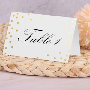 MECCANIXITY 40pcs Place Cards, Line Border Printable Place Name Cards for Table Setting Wedding Dinner Parties Events Reserved Seating, White Gold Dots