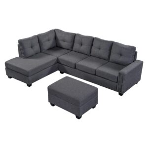 LUMISOL L Shape Sectional Sofa Set with Storage Ottoman for Living Room, Large Modular Sofa Interior Furniture with Rivet Ornament for Apartment Large Space, Gray