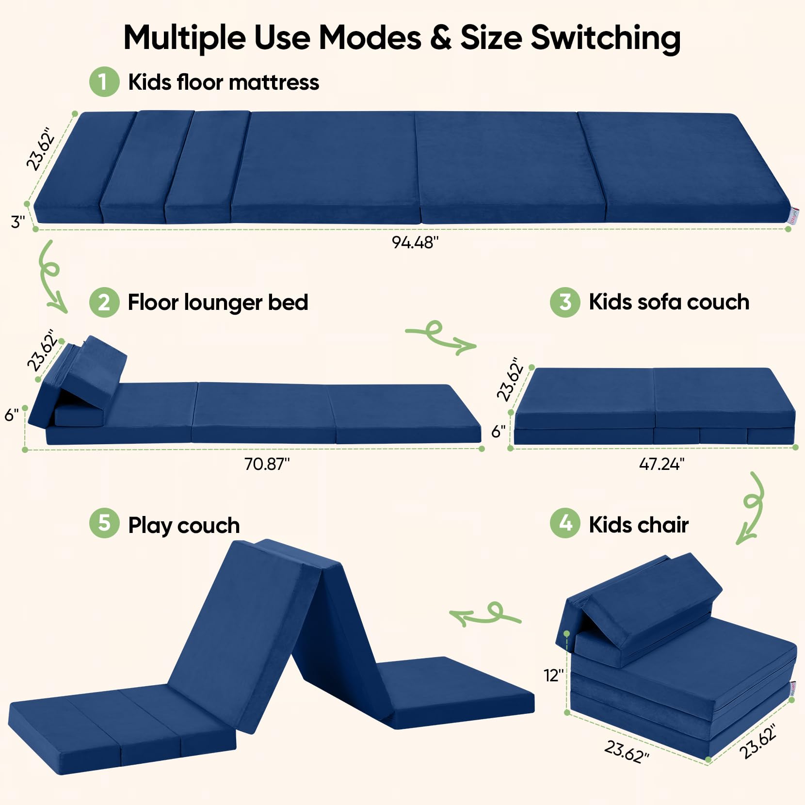 Toddler Couch, Kidirect K1 6-in-1 Kids Folding Sofa Bed, Convertible Kids Sofa Couch to Toddler Sofa Bed Lounger, Comfy Fold Up Floor Bed Nap Mat, Yoga Exercise, Foldable Floor Mattress for Kids(Blue)