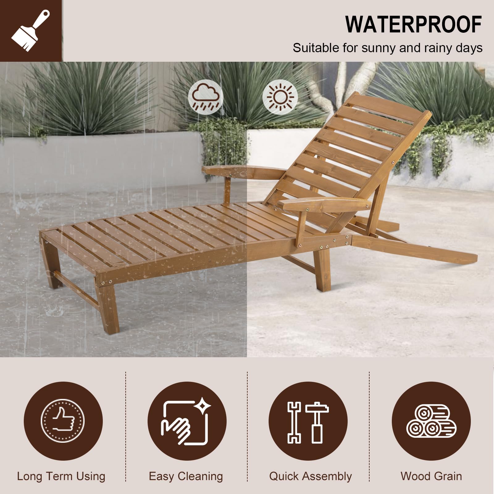 FURNDOOR Outdoor Chaise Lounge Chairs Set of 2, Patio Wood Lounge Chair with Adjustable Backrest for Poolside, Porch, Patio