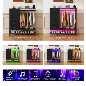 Dresser for Bedroom, Dresser with Hanging Rack Led Lights and Charging Station, Black Bedroom Dresser with 5 Fabric Chest of Drawers with PU Finish Storage Organizer, for Living Room Kids Room, Black