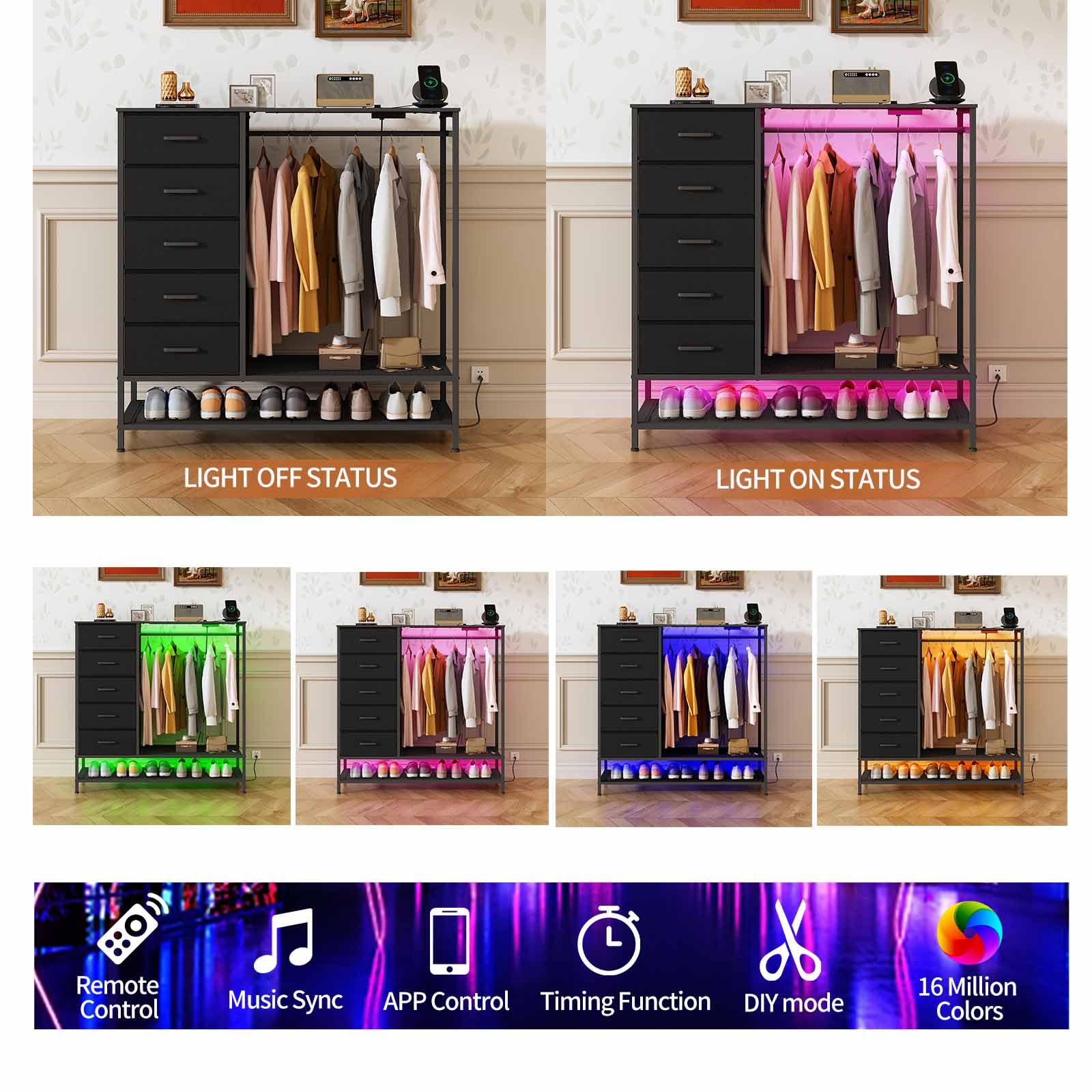 Dresser for Bedroom, Dresser with Hanging Rack Led Lights and Charging Station, Black Bedroom Dresser with 5 Fabric Chest of Drawers with PU Finish Storage Organizer, for Living Room Kids Room, Black