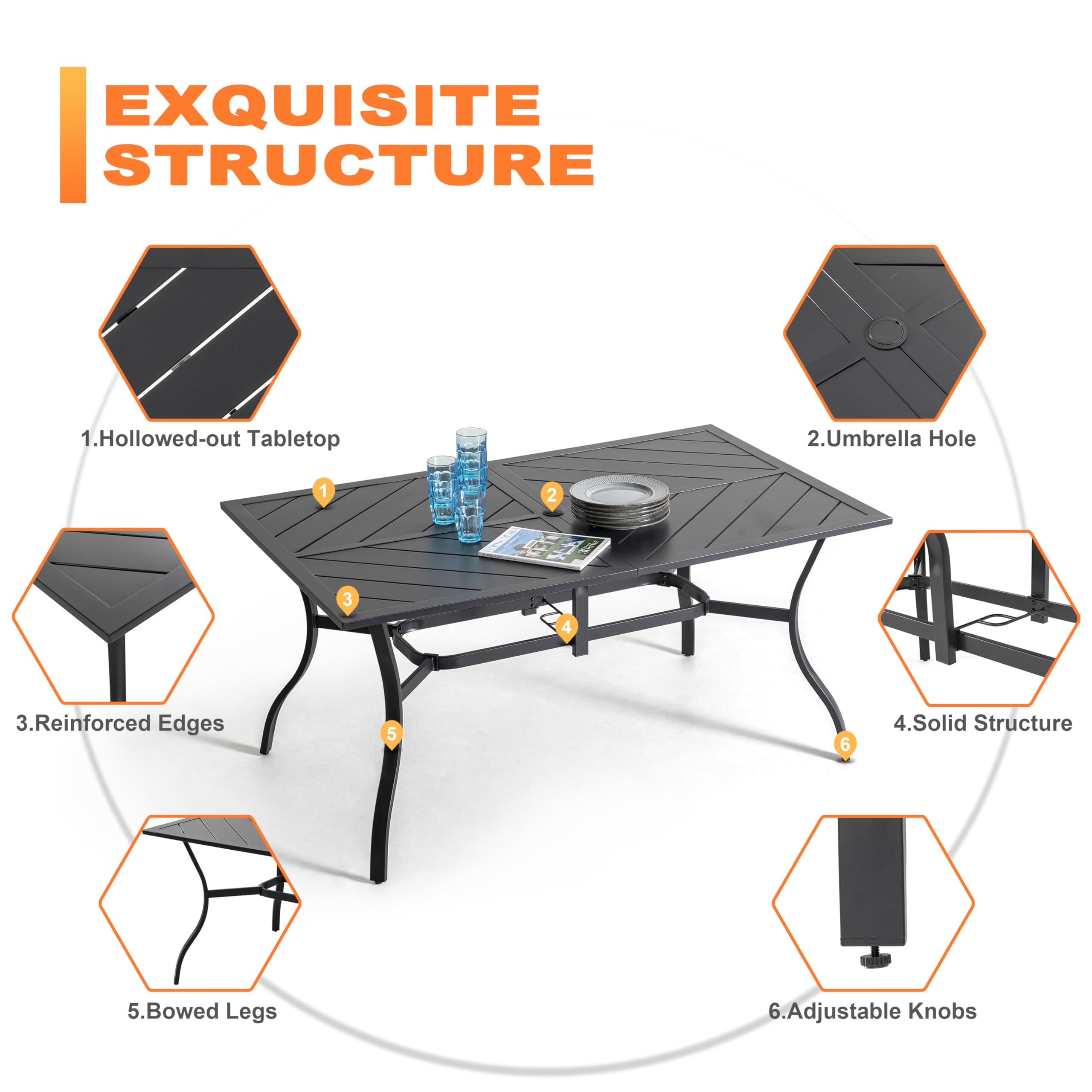 NUU GARDEN 7 Piece Outdoor Dining Set, 6 All Weather Padded Textilene Patio Chairs and 61" Rectangular Dining Table with 1.77" Umbrella Hole, for Garden, Patio, Light Grey and Black