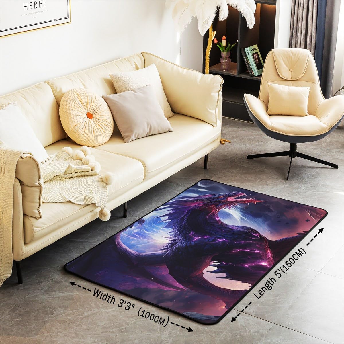 Erosebridal 3D Dragon Area Rug 3x5 Cartoon Magical Animal Rug for Young Fantasy Mysterious Wildlife Carpet Purple Red Volcano Fire Washable Decorative Rug for Living Room