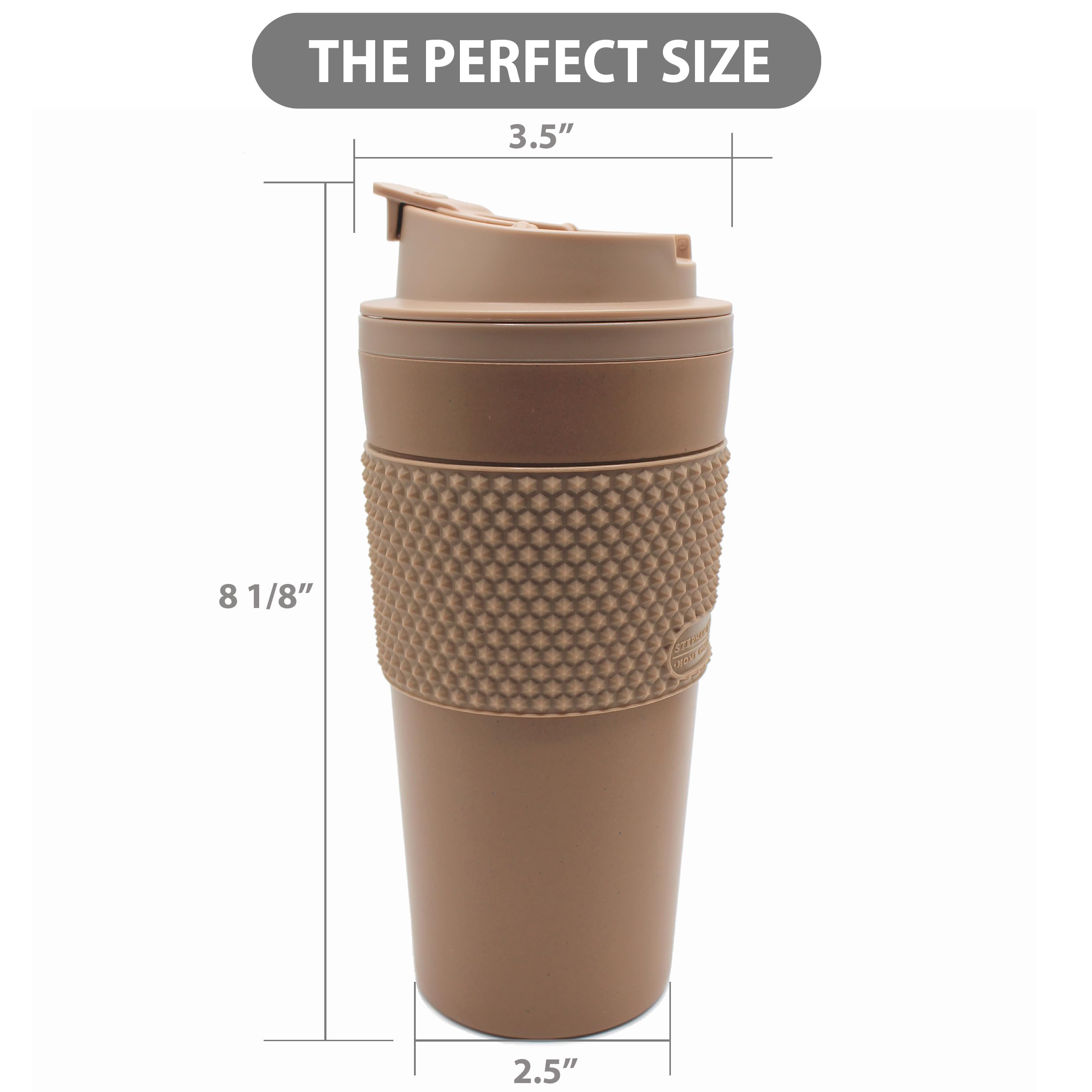 Stephan Roberts 16 oz Coffee Tumbler Set, 2 Pack, Made with Real Coffee Grounds, Detachable & Insulated Double Wall, Cup Holder Ready, Dishwasher and Microwave Safe, Leak Proof Lid, BPA Free, Brown