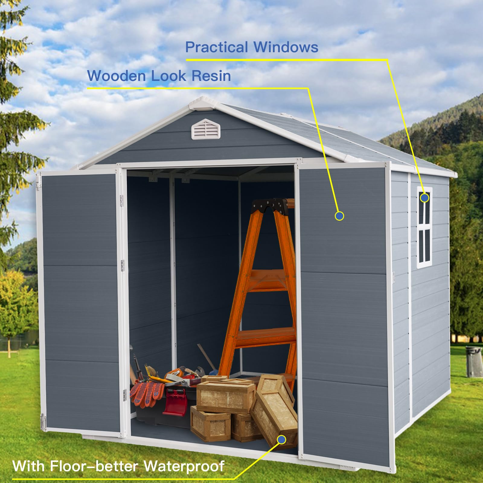 8x6FT Resin Outdoor Storage Shed, with Built-in Air Vent, Practical Window and Protective Cap, Tool House w/Padlock Compatible, 2 Pairs of Gloves, Waterproof & UV Protection, Grey