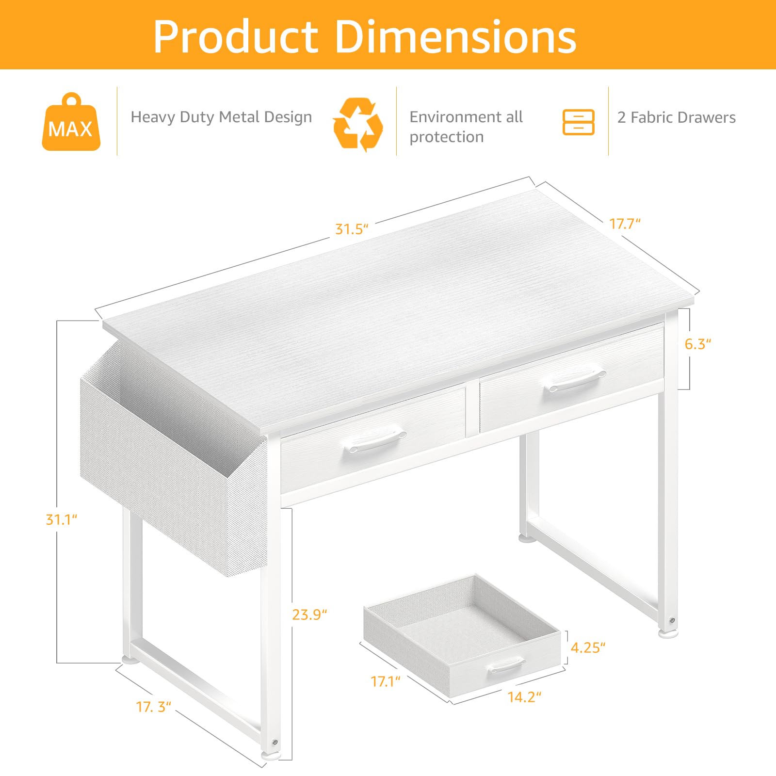 DLisiting White Small Desk with Fabric Drawers - 32 Inch Vanity Desk with Storage Drawer and Bag for Bedroom, Study Writing Table for Small Spaces, White