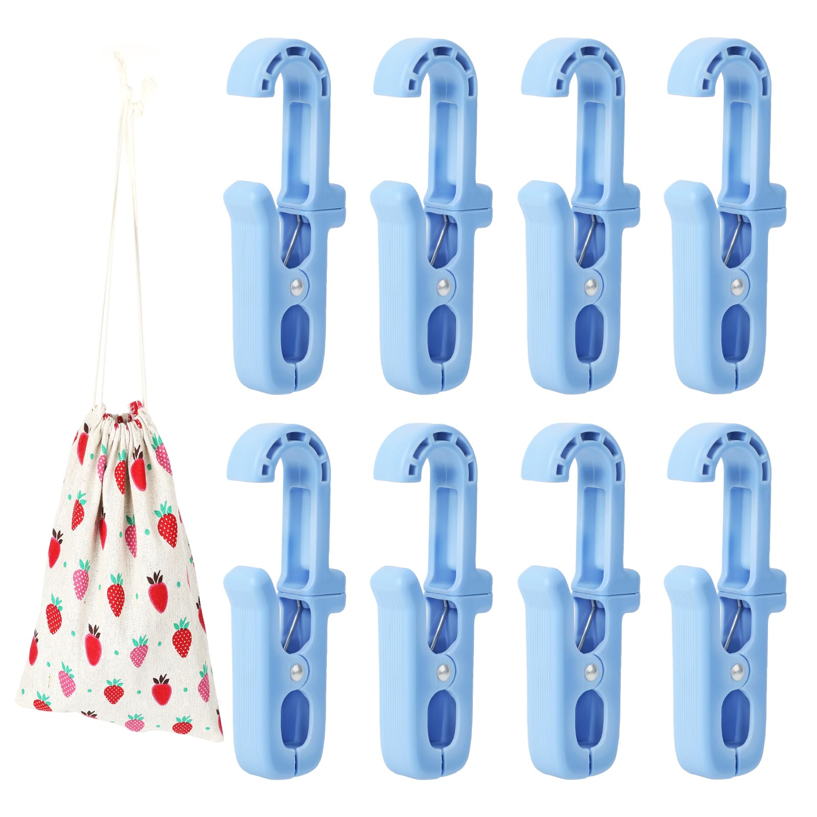 8PCS Plastic Clips for Hanging,Heavy Duty Hanger Clips with Bag,Large Swivel Clothes Pins with Hooks for Bathroom Wardrobe,Strong Laundry Hooks with Clips for Socks Boot Bras Towels（Blue）