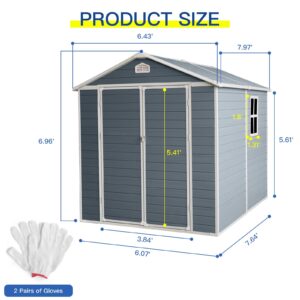 8x6FT Resin Outdoor Storage Shed, with Built-in Air Vent, Practical Window and Protective Cap, Tool House w/Padlock Compatible, 2 Pairs of Gloves, Waterproof & UV Protection, Grey