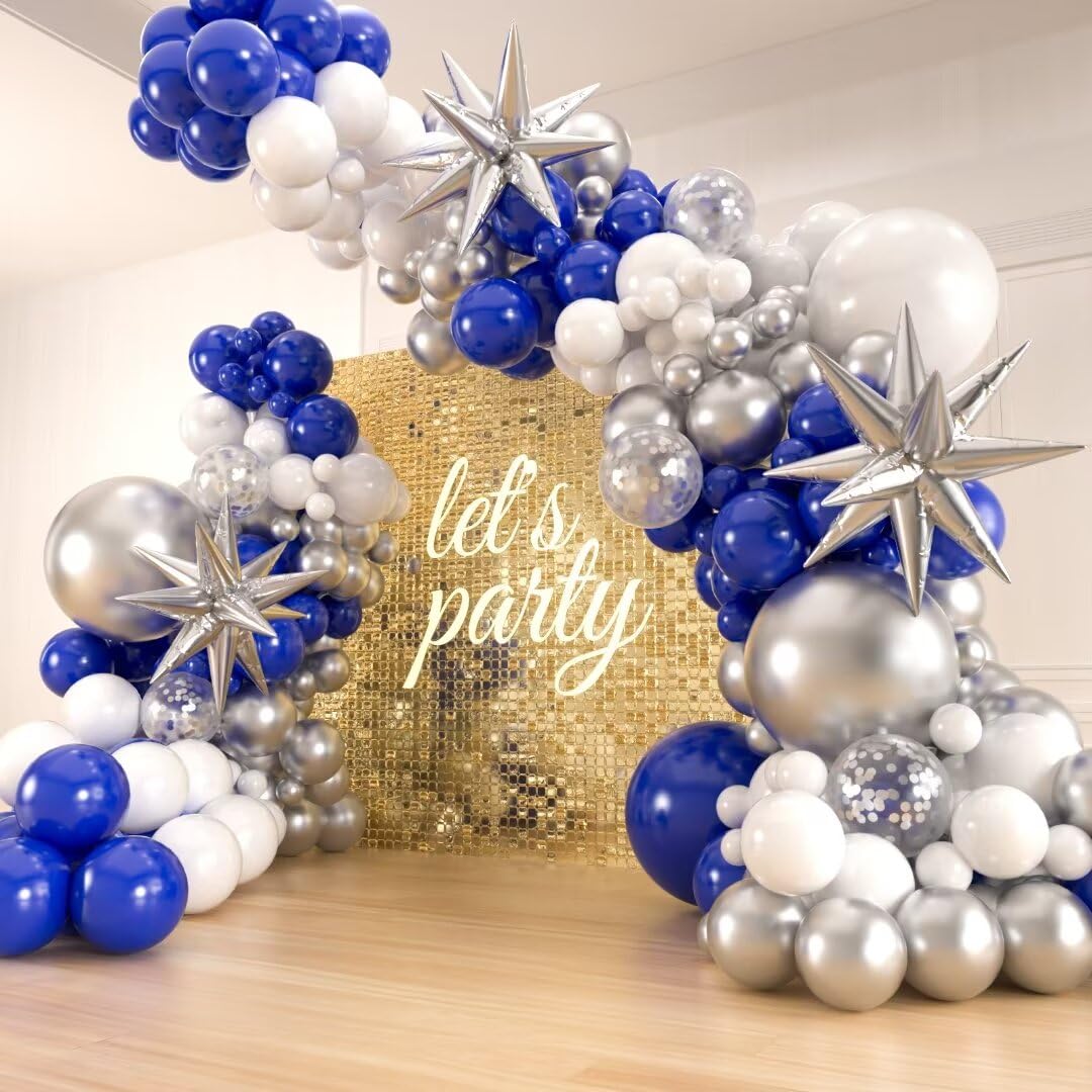 141pcs latex balloons with 3pcs Foil Balloons for Birthday Graduation Disco 2024 Prom Party Decorations… (Royal Blue Silver White)