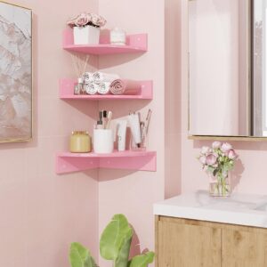 Homode Corner Shelf Wall Mount, Set of 3 Corner Floating Shelves with Cable Hole, 3 Tier Wood Corner Hanging Shelves, Living Room Bedroom Bathroom, Pink