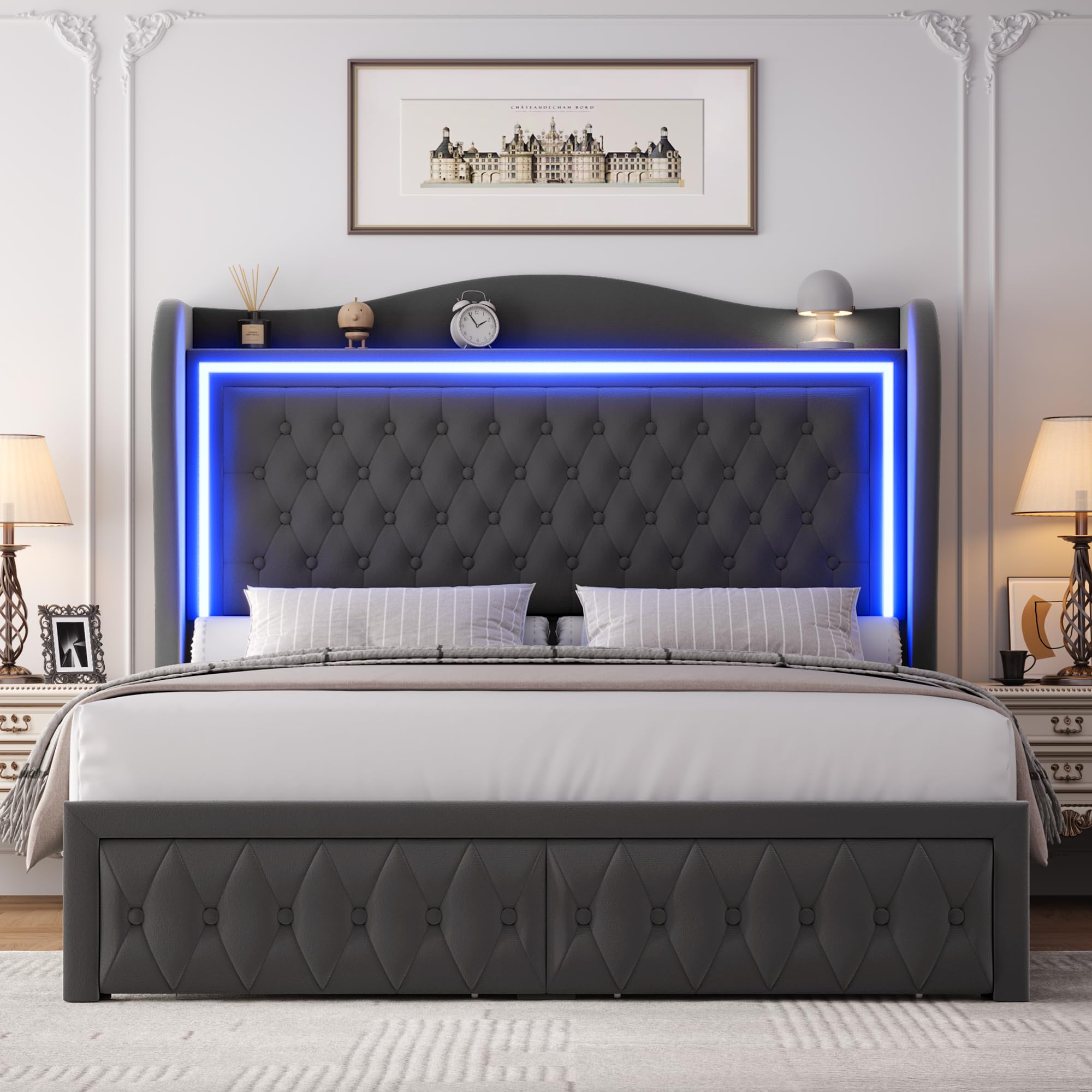 King Bed Frame 55" Tall Headboard with LED Lights, Buttons Tufted Velvet Upholstered Platform Bed Frame with 2 Storage Drawers, Wood Slats Support Mattress Foundation, No Box Spring Needed, Grey