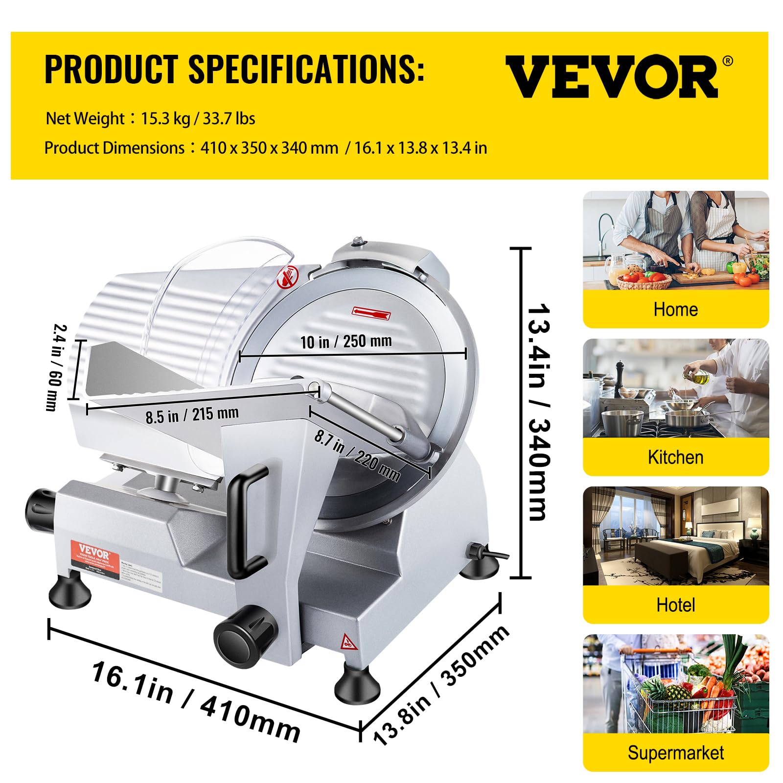 VEVOR 240W Commercial Electric Meat Slicer, 10 inch Carbon Steel Blade Electric Food Slicer, Deli Food Slicer, 350-400RPM Meat Slicer, 0-0.47 inch Adjustable Thickness for Commercial and Home Use