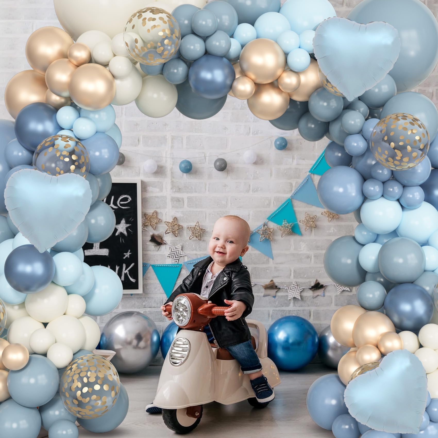 173pcs Dusty Blue Balloons Arch Garland kit, Dusty Baby Blue Sand White Metallic Gold Balloons for Boys Baby Shower Decorations Gender Reveal Wedding Bridal Shower Birthday Party Supplies