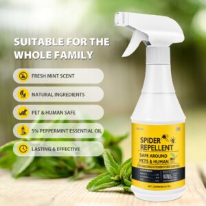 BugBai Spider Repellent for House Indoor Pet Safe, 16oz Peppermint Oil Spider Spray Outdoor Repels All Spiders, Natural Spider Killer to Get Rid of Spiders in House, Bedroom, Basement, Bathroom, Car