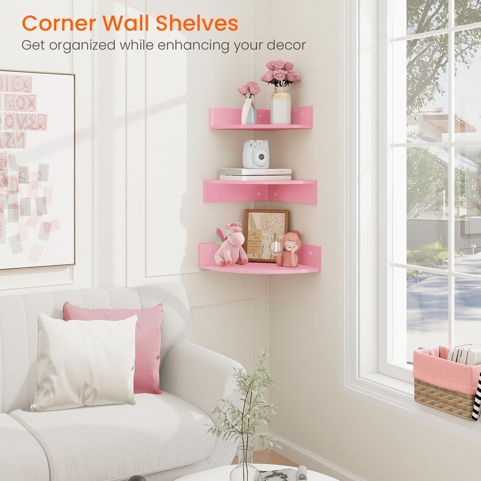 Homode Corner Shelf Wall Mount, Set of 3 Corner Floating Shelves with Cable Hole, 3 Tier Wood Corner Hanging Shelves, Living Room Bedroom Bathroom, Pink