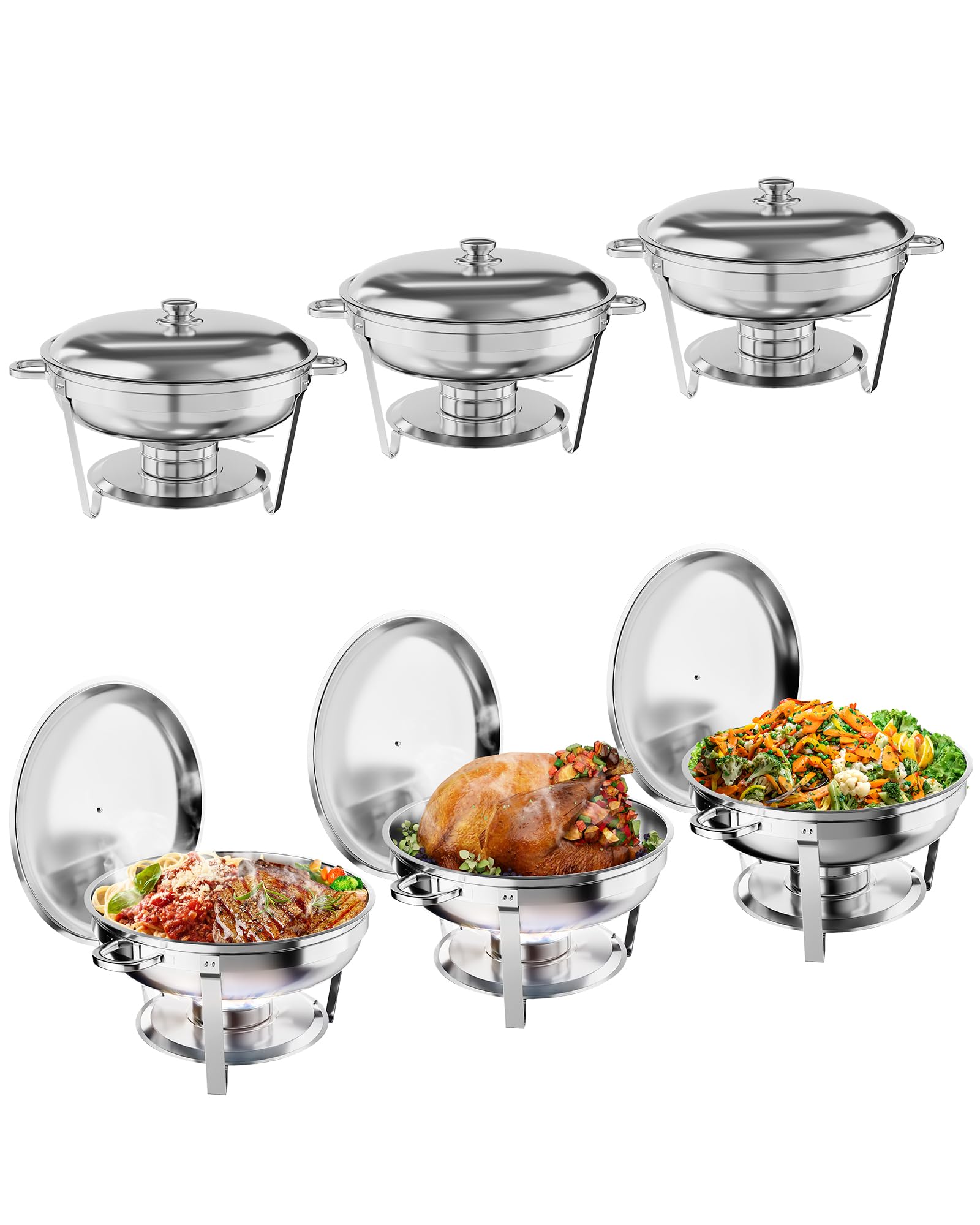 GAOMON 5QT Chafing Dish Buffet Set of 6 Pack, Round Stainless Steel Food Warmers Buffet Servers Sets, Chafer with Food & Water Pan, Lid, Frame, Fuel Holder for Catering and Parties