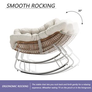 Naga Bahna Royal Rocking Chair, Outdoor Rocking Papasan Chair with Padded Beige Cushion Rocker Recliner Chair, Oversized Metal White Frame Rattan Egg Chair for Patio, Porch, Living Room