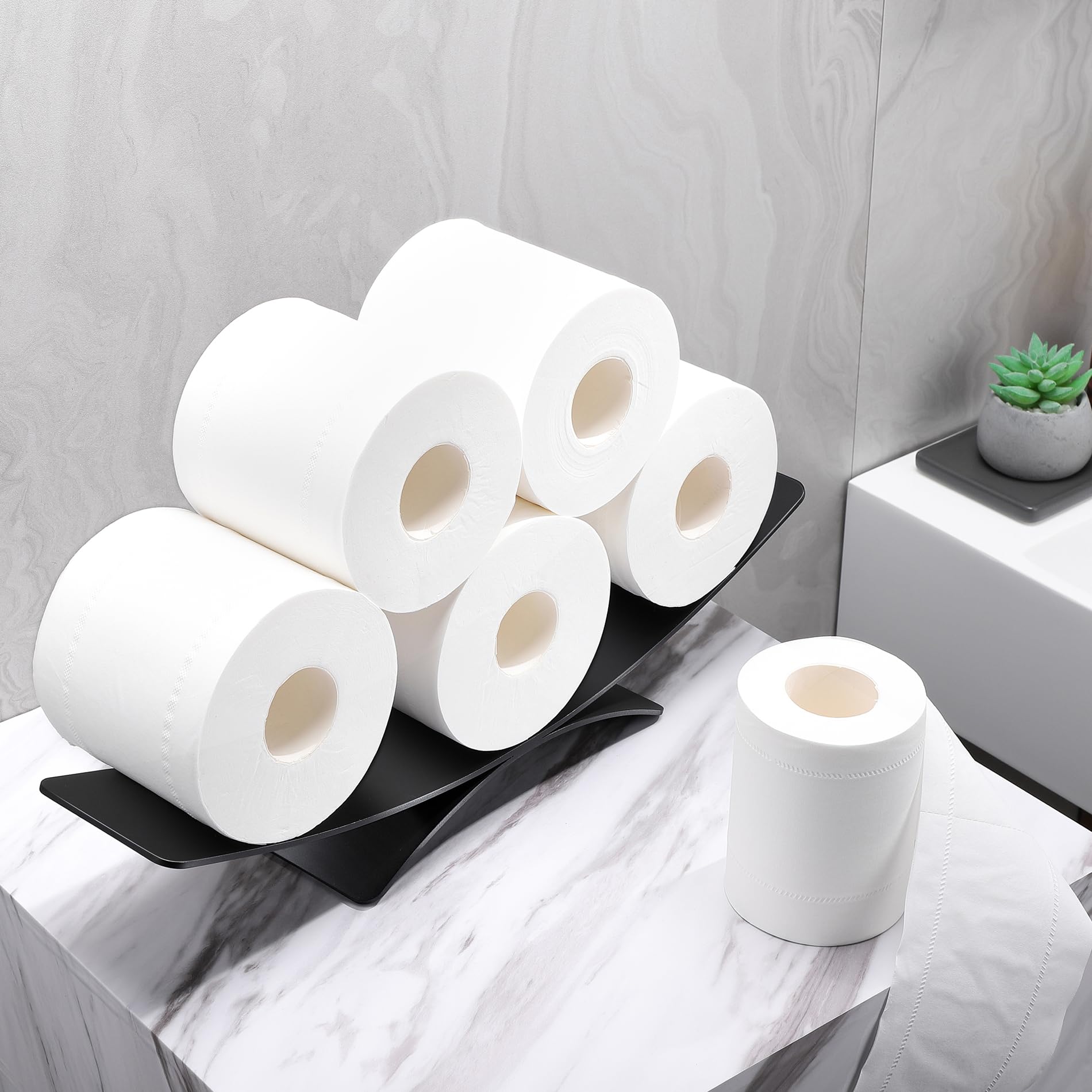 Minimalistic Toilet Paper Holder for Bathroom Decor Toilet Roll Holder Stand, Freestanding Toilet Tissue Holder Black Toilet Paper Organizer, Stainless Steel Toilet Paper Storage Stand Hold 6 Rolls