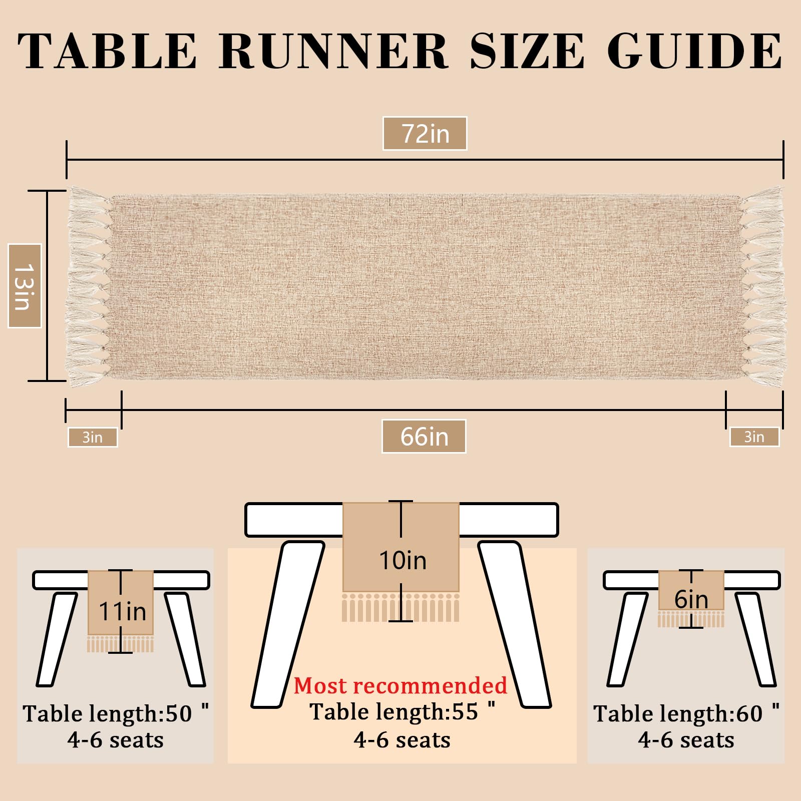 yuboo Boho Table Runner, Fall Rustic Farmhouse Dresser Runners Cover Top for Bedroom, Dining Table, Fall Table Decor, Bridal Shower, Burlap Linen Table Runner 72 inches Long (15x72 Tassels Included)