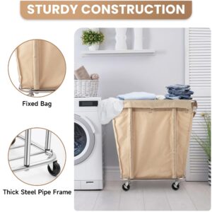 Rengue Laundry Cart with Wheels, 320 L Capacity Commercial Laundry Sorter Rolling Laundry Hamper with Waterproof Oxford Basket and Sturdy Steel Frame, 260 lbs Load, Beige