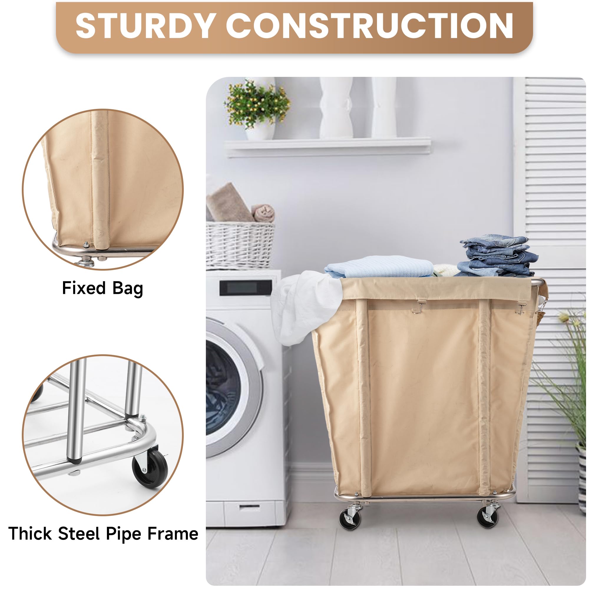 Rengue Laundry Cart with Wheels, 320 L Capacity Commercial Laundry Sorter Rolling Laundry Hamper with Waterproof Oxford Basket and Sturdy Steel Frame, 260 lbs Load, Beige