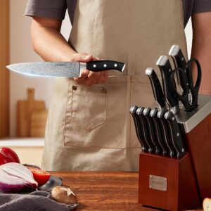 Knife Block Set, FOHERE 14 Pieces Razor-Sharp Self Sharpening Knife Set, High Carbon Stainless Steel Waved Pattern Knife Set with Block, Rust & Stain Resistant Kitchen Knives and Triple Riveted Handle