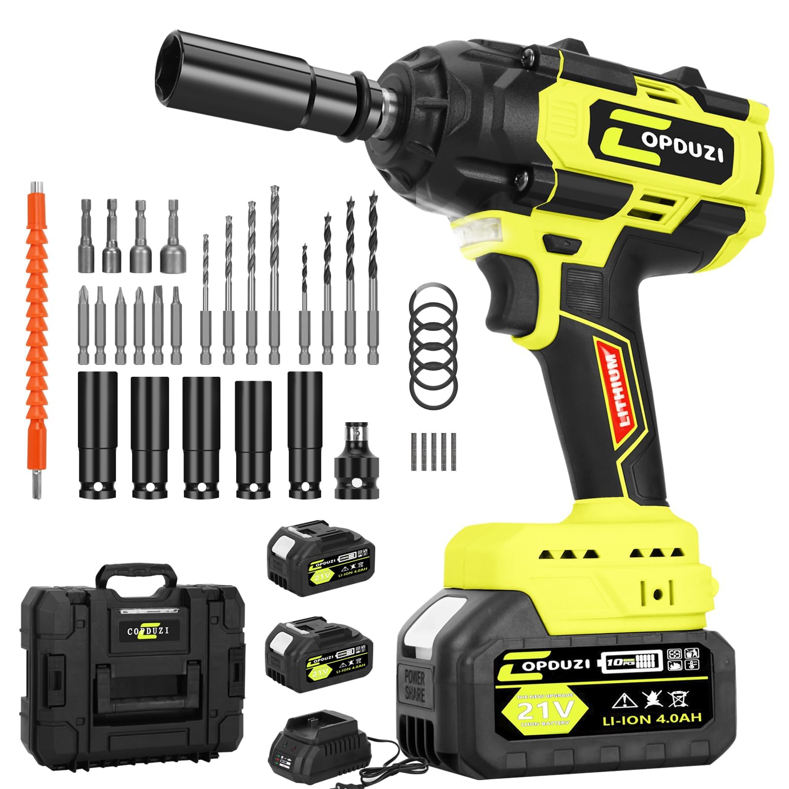 COPDUZI 1/2 inch Cordless Impact Wrench, Max Torque 900N.m (640Ft-lbs) Brushless Power Impact Gun,21V 2 x 4.0Ah Battery,5 Sockets,8 Drill,6 Screws,Electric Impact Driver for Home Car Tires Truck Mowe