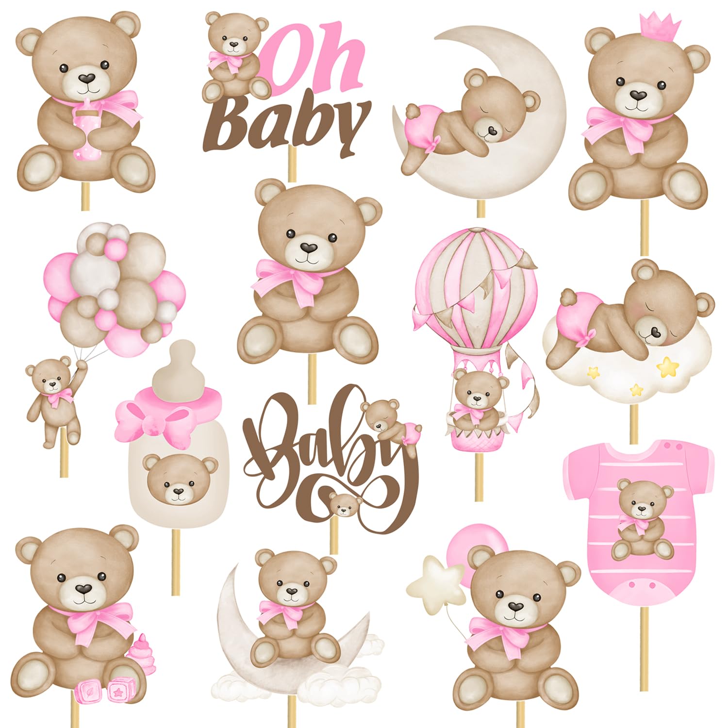 30Pcs Pink Bear Centerpiece Sticks We Can Bearly Wait Baby Shower Decorations Teddy Bear Table Toppers Bear Baby Shower Decorations Bear Centerpieces for Table Girls Baby Shower Supplies