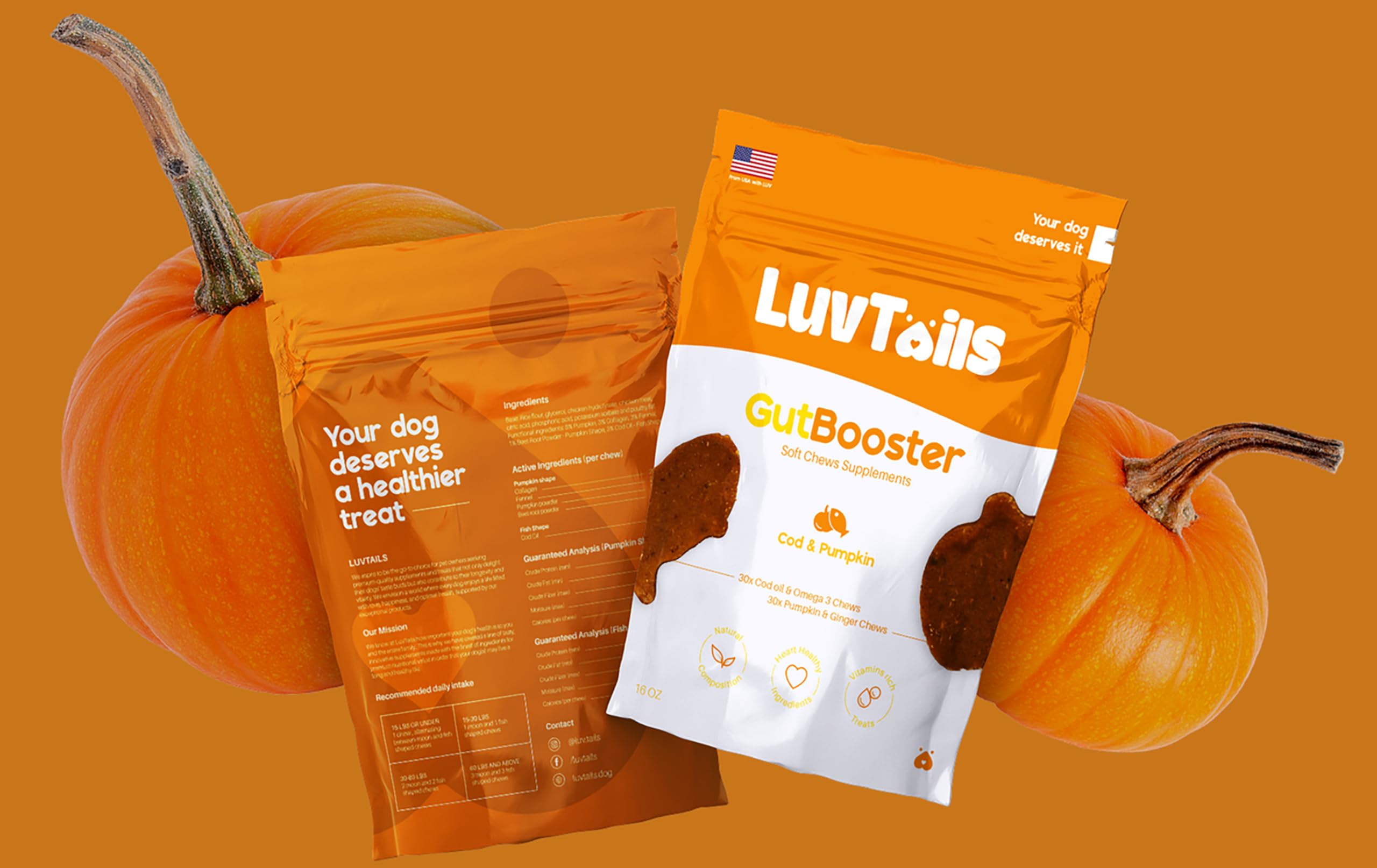 LuvTails Gut Booster Soft Chew Supplements for Dogs, Dog Digestive Support with Fennel, Pumpkin and Cod Oil Promotes Healthy Gut, 60 Chews