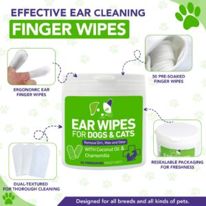 Pet Ear Wipes for Dogs and Cats - Dog Ear Cleaner Wipes, Cleaning and Deodorizing - Remove Debris & Wax, Improve Ear Itching, and Infections - 50 Count Finger Wipes