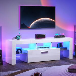 Clikuutory White LED TV Stand with Large Storage Drawer for 32 40 50 55 Inch TVs, Modern High Gloss TV Console Table with Entertainment Center for Living Room, Bedroom, White