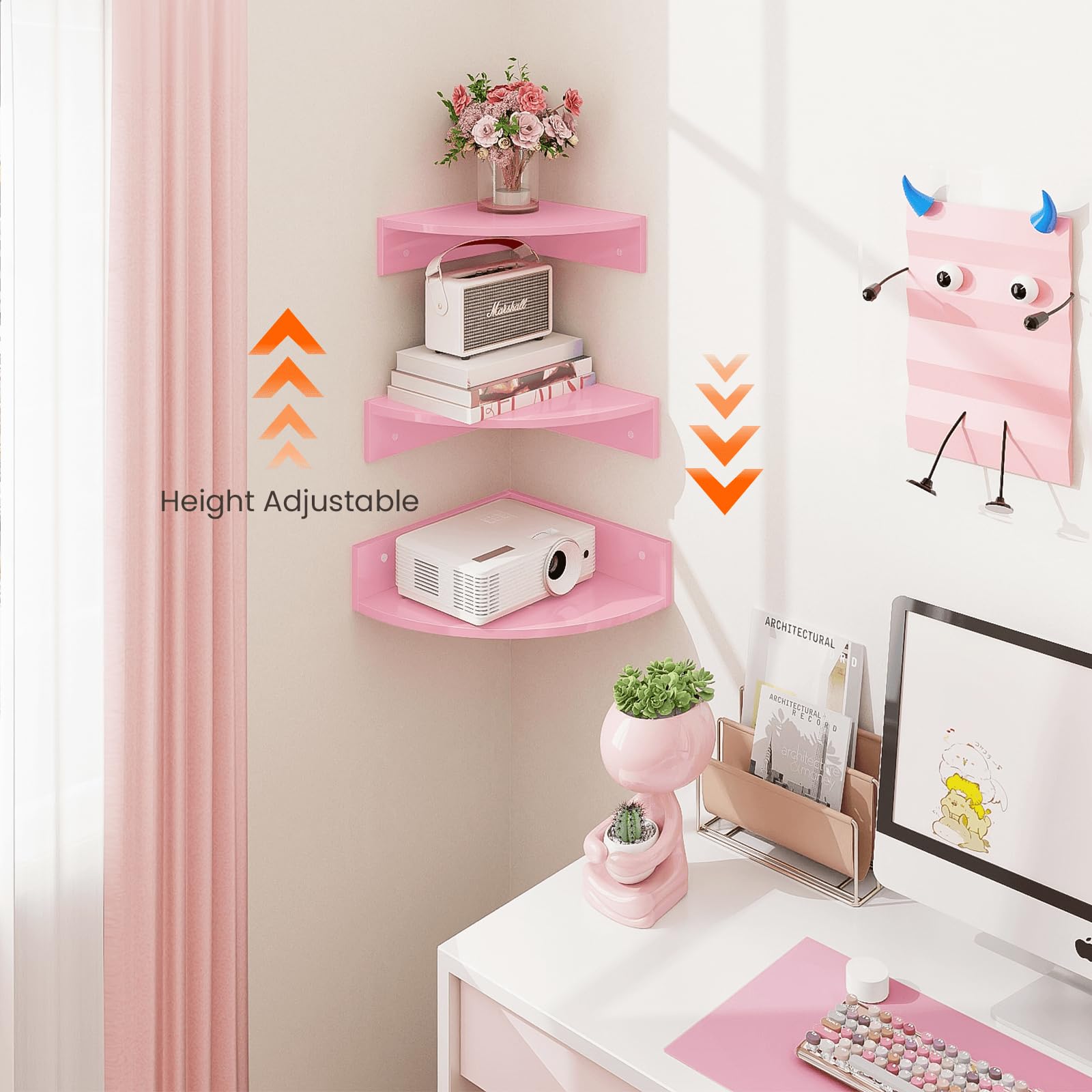 Homode Corner Shelf Wall Mount, Set of 3 Corner Floating Shelves with Cable Hole, 3 Tier Wood Corner Hanging Shelves, Living Room Bedroom Bathroom, Pink