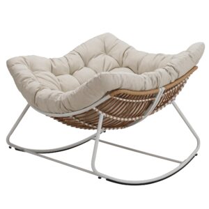 naga bahna royal rocking chair, outdoor rocking papasan chair with padded beige cushion rocker recliner chair, oversized metal white frame rattan egg chair for patio, porch, living room