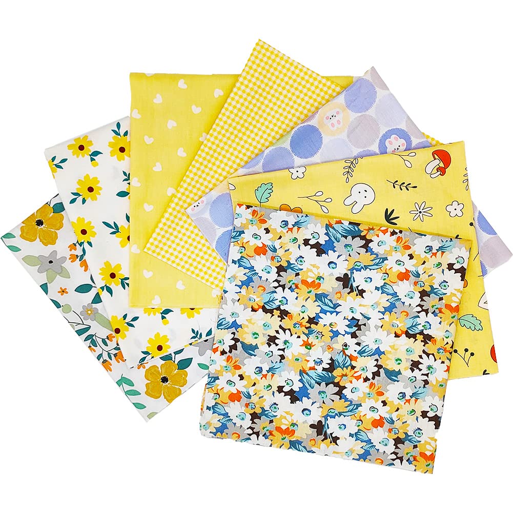 Fat Quarters Fabric Bundles, 7Pcs 100% Cotton 19.69 x 19.69inches(50x50cm) Precut Quilting Fabric Squares Sheets for DIY Patchwork Sewing Quilting Crafting, No Repeat Design (Yellow Flower Pattern)