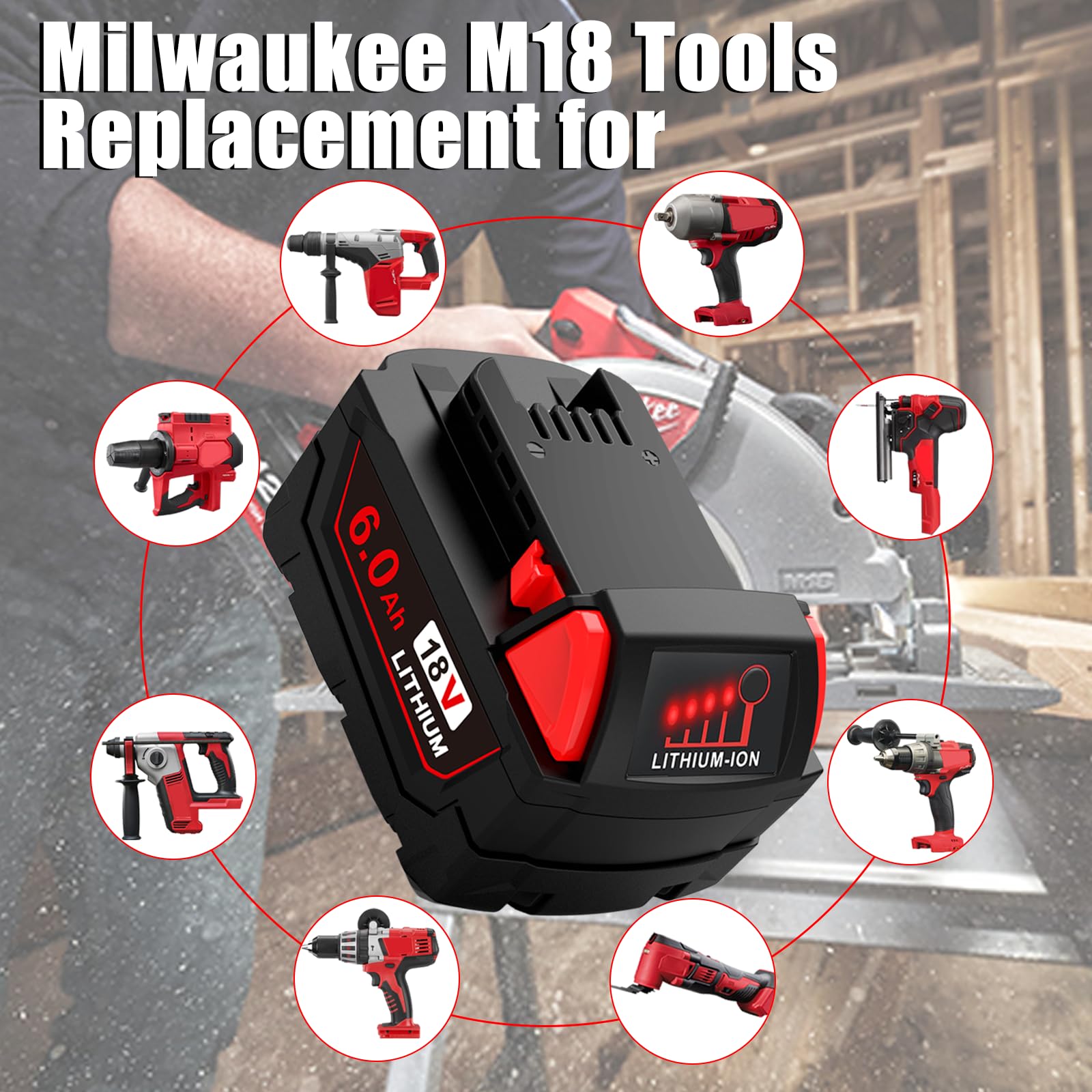 KIGWOF 4 Packs 18V 6.0Ah Battery Replacement for Milwaukee M18 Battery Compatible with M18 Milwaukee XC Lithium-Ion Battery 48-11-1850 48-11-1852 48-11-1840 48-11-1860 Cordless Tools