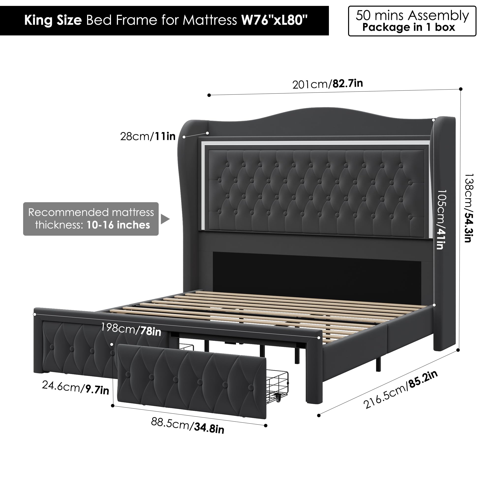 King Bed Frame 55" Tall Headboard with LED Lights, Buttons Tufted Velvet Upholstered Platform Bed Frame with 2 Storage Drawers, Wood Slats Support Mattress Foundation, No Box Spring Needed, Grey