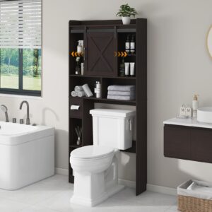 Over The Toilet Storage Cabinet, Farmhouse Storage Cabinet Over Toilet with Sliding Barn Door & Toilet Paper Holder Stand，Home Space-Saving Toilet Rack, for Bathroom, Restroom, Laundry