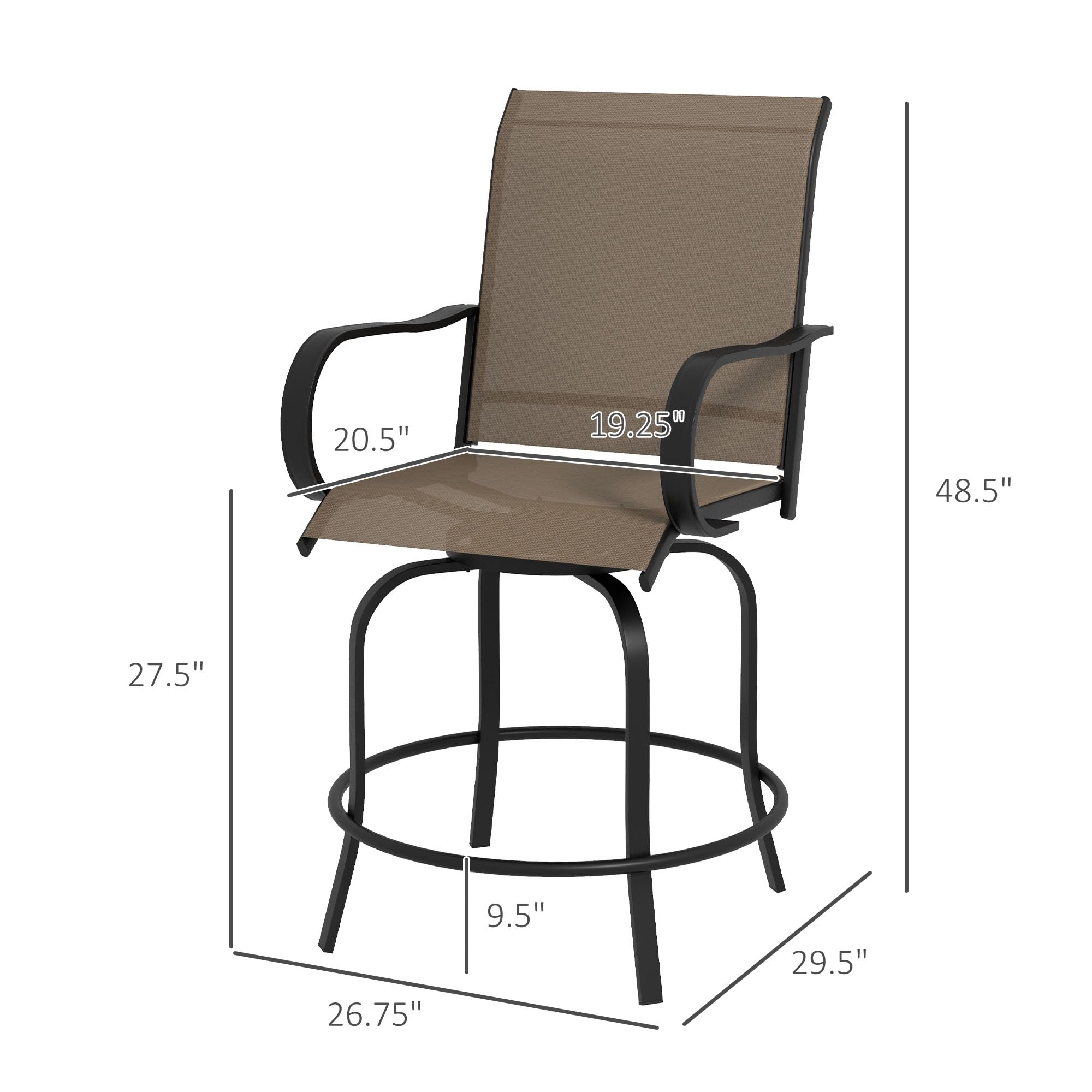 Outsunny Outdoor Bar Stools with Armrests, Set of 2 360° Swivel Bar Height Patio Chairs with High-Density Mesh Fabric, Steel Frame Dining Chairs for Balcony, Poolside, Backyard, Brown