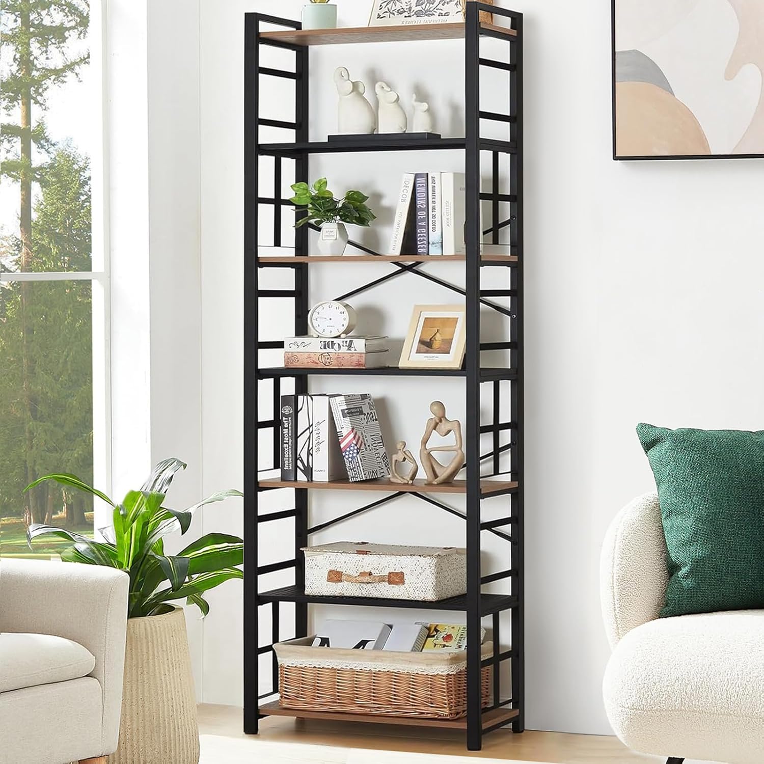 HOMBAZAAR 7 Tier Bookshelf,84 inch Tall Industrial Bookcase with Metal Frame and Open Shelves,Rustic Heavy Duty 7 Shelf Bookcase, Office Book Shelves for Living Room and Bedroom,Brown