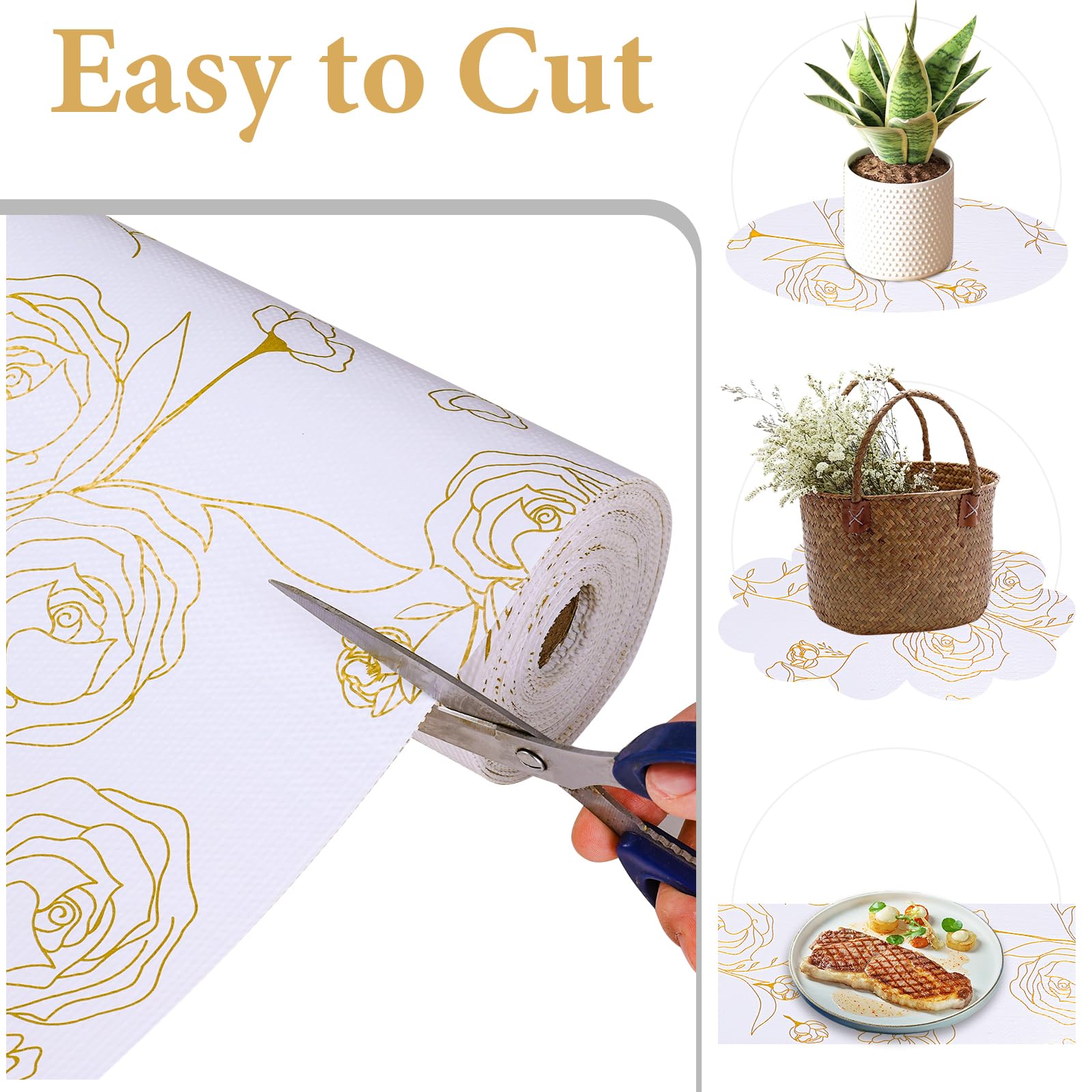 Shelf Liners for Kitchen Cabinets 12in x 20FT Non Adhesive Drawer Liner Gold Floral Thickened Shelf Liner Paper Strong Non-Slip Easy to Clean for Tool Box Refrigerator with Knife and Tape Measure