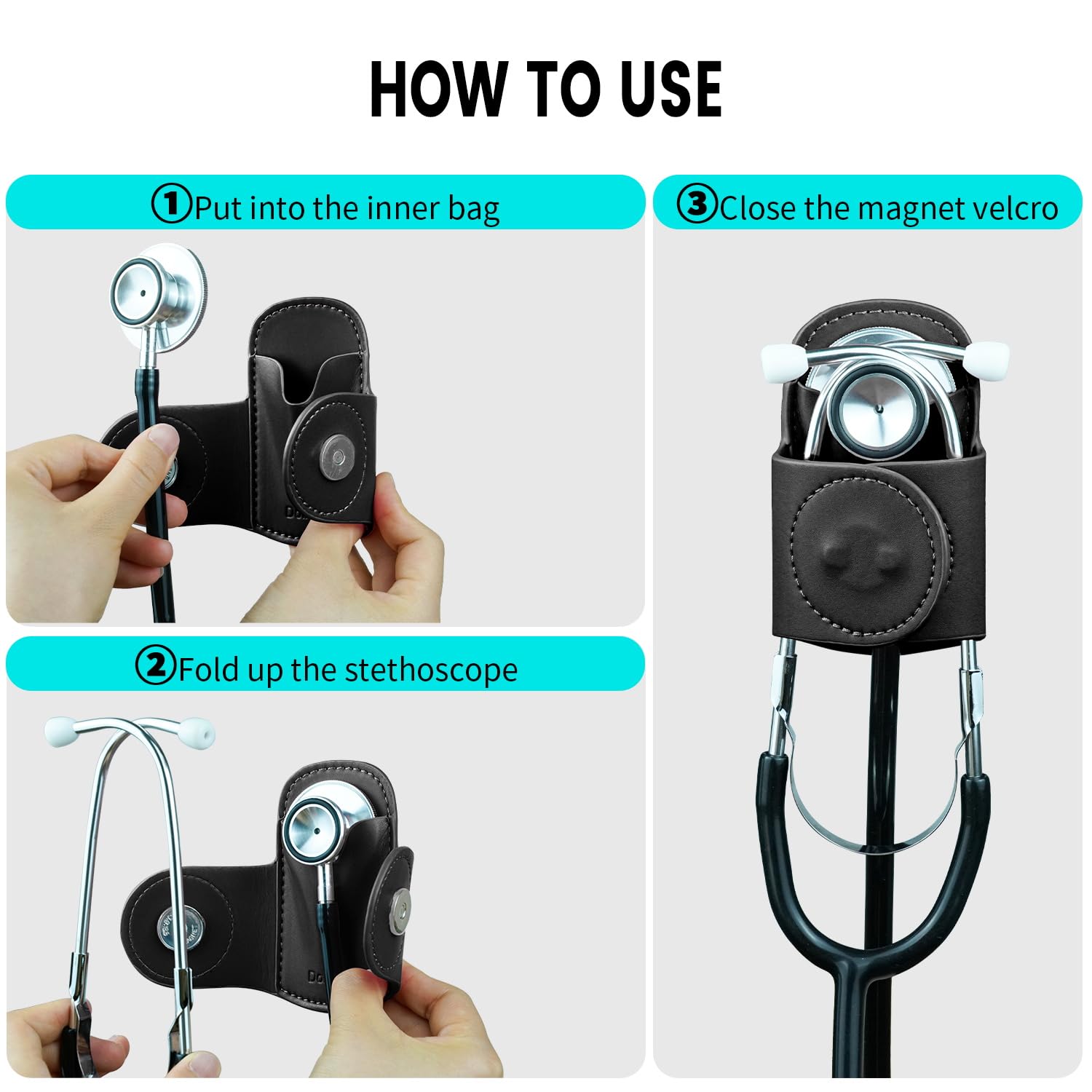 Magnetic Stethoscope Holder for Scrubs, with Leather-Covered Clip for Littmann ＆ Most Stethoscopes, Stethoscope Holder Clip for Scrubs/Belts/Backpacks, Black