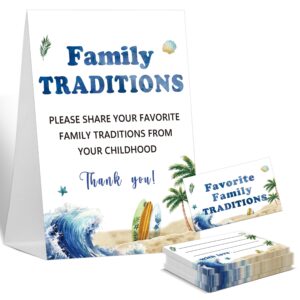 baby shower games family traditions sign, 1 standing sign and 50 cards, summer surf beach gender neutral decoration, gender reveal party, bridal shower favor supplies-lt22