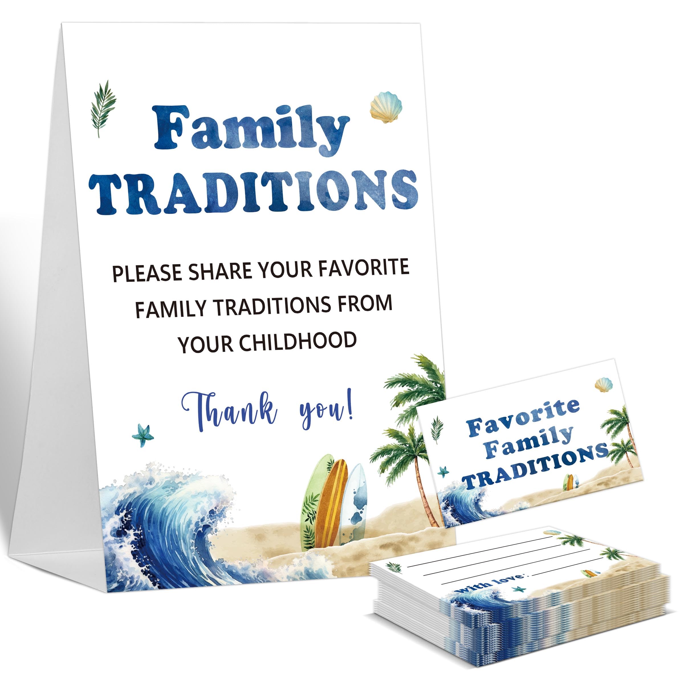 Baby Shower Games Family Traditions Sign, 1 Standing Sign and 50 Cards, Summer Surf Beach Gender Neutral Decoration, Gender Reveal Party, Bridal Shower Favor Supplies-LT22