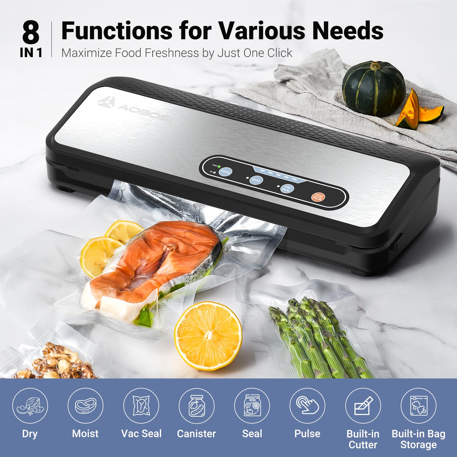 Vacuum Sealer Machine, Aobosi Powerful 90Kpa 8-IN-1 Food Vacuum Sealer for Dry/Moist Food, Built-in Cutter and Bag Storage, Bag Roll & 5 Pre-cut Bags