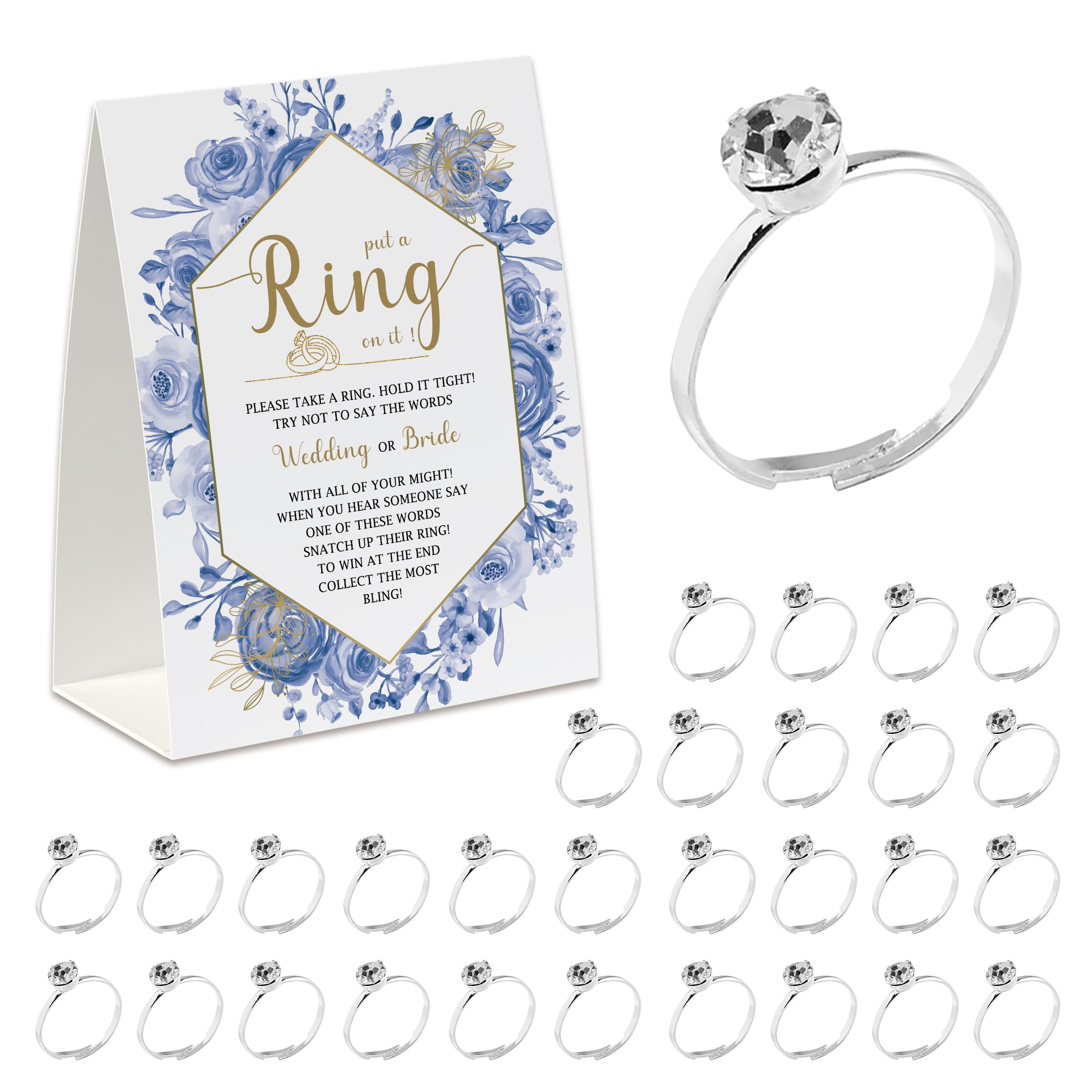 Put A Ring on It Game(50 Rings with One Sign), Don't Say Wedding or Bride Game, Fun Bridal Shower Game, Bridal Shower Decorations Geometric Frame Blue Floral-JZDS07