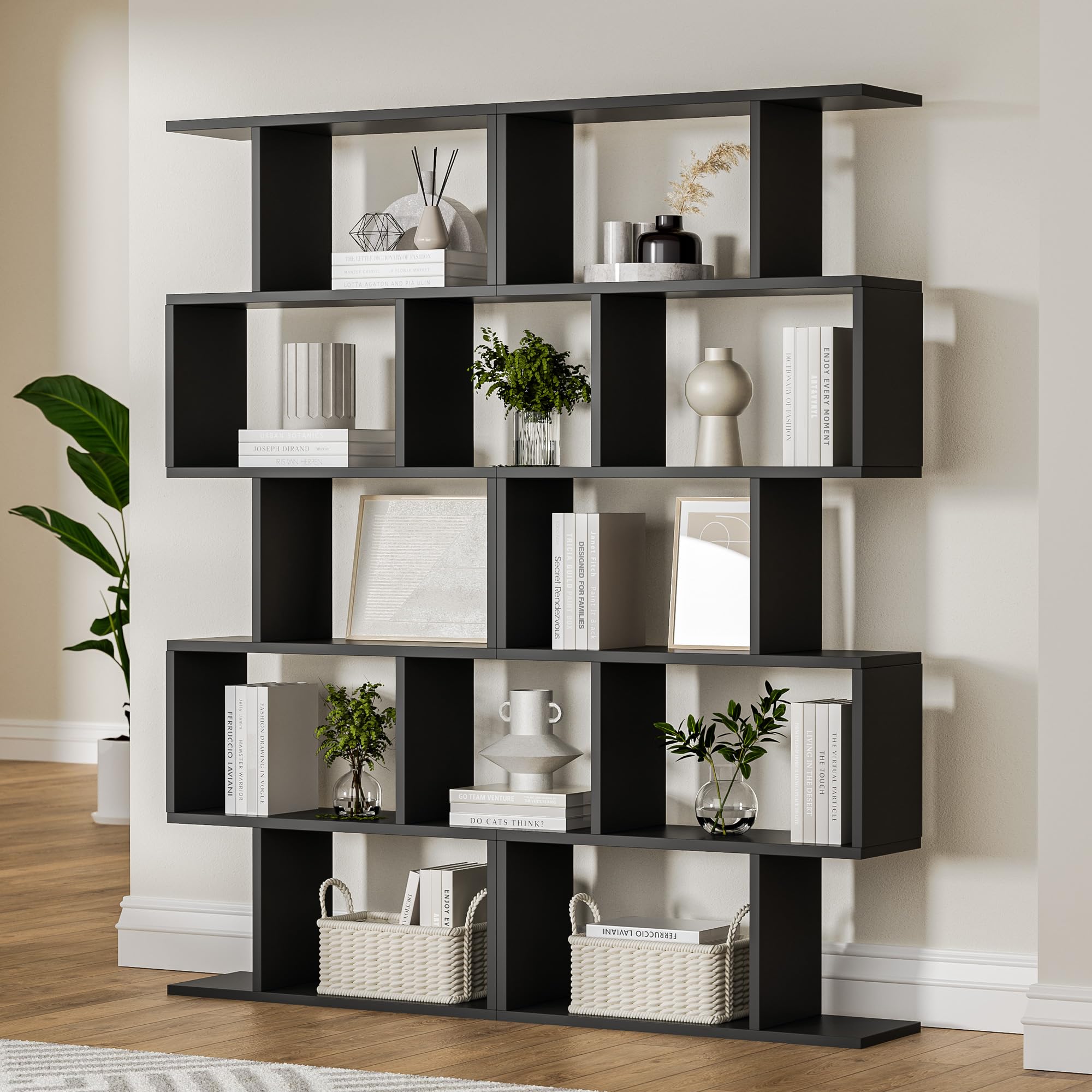 DIYART Black 5-Tier Geometric Bookcase, S-Shaped Modern Bookshelf Set of 2, 62.6" Tall Room Divider Book Shelf, Decorative Display Shelf