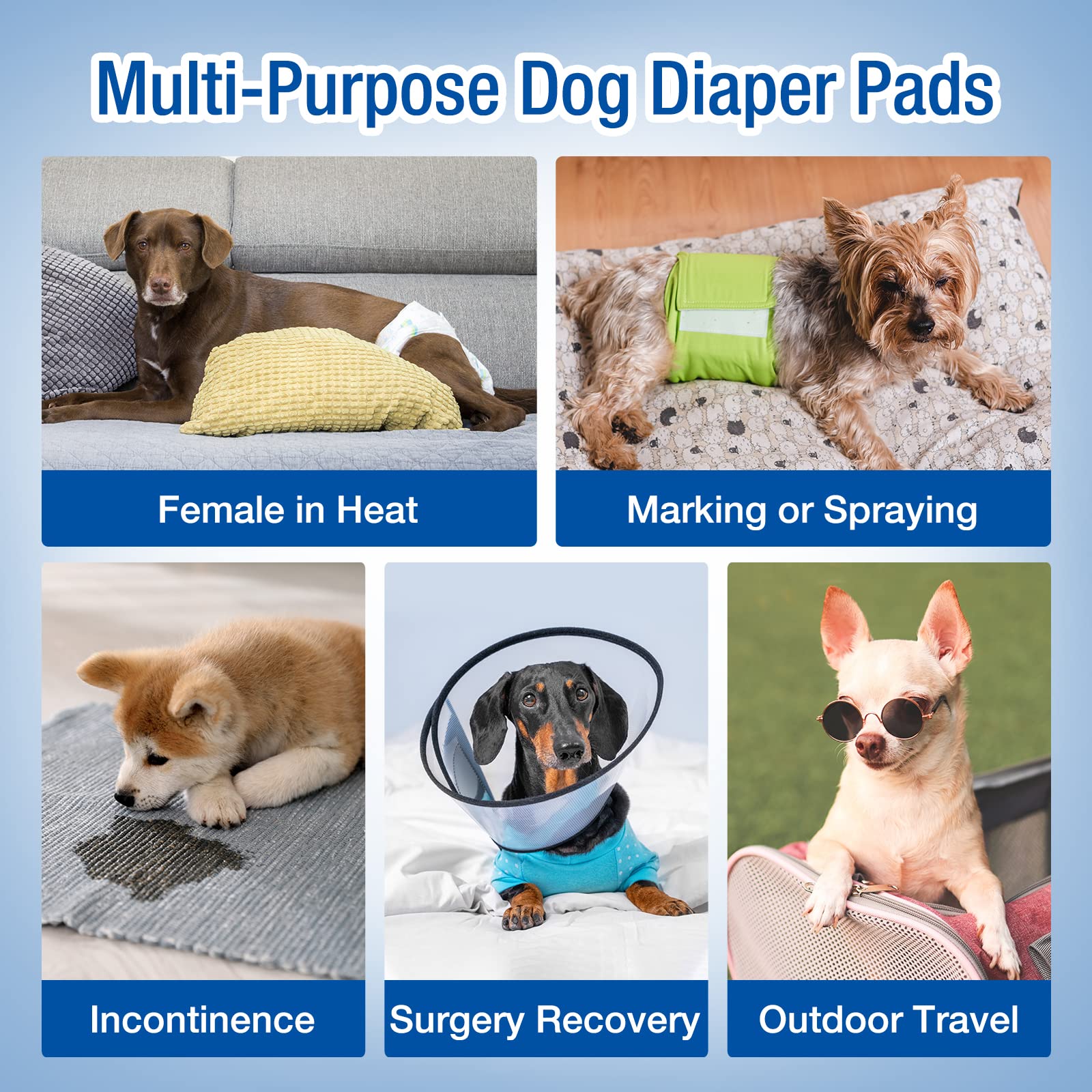 Pet Soft Disposable Dog Diaper Liners Booster Pads - Fit for Most Washable Dog Diapers & Dog Belly Bands Wraps, Ultra Absorbent for Marking, Incontinence, Female in Heat (Blue,M-50)